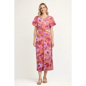 Scoop Midi Dress Womens Size XS Orange Pink Puff Sleeve Peekaboo Flutter Cut Out